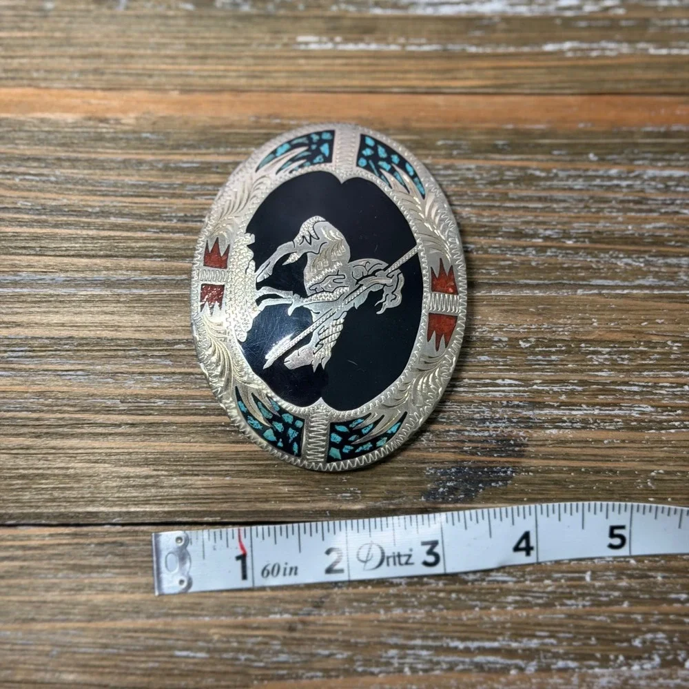 Vintage Western End of the Trail Belt Buckle Turquoise Coral Inlay Oval Silver